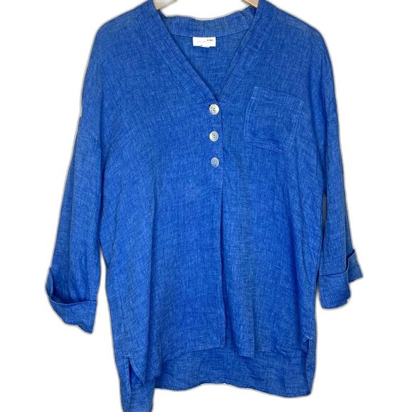 Pure Jill Tops - Pure Jill Linen Blue Tunic Top V-Neck Button Front Roll Tab Sleeve Relaxed Fit M